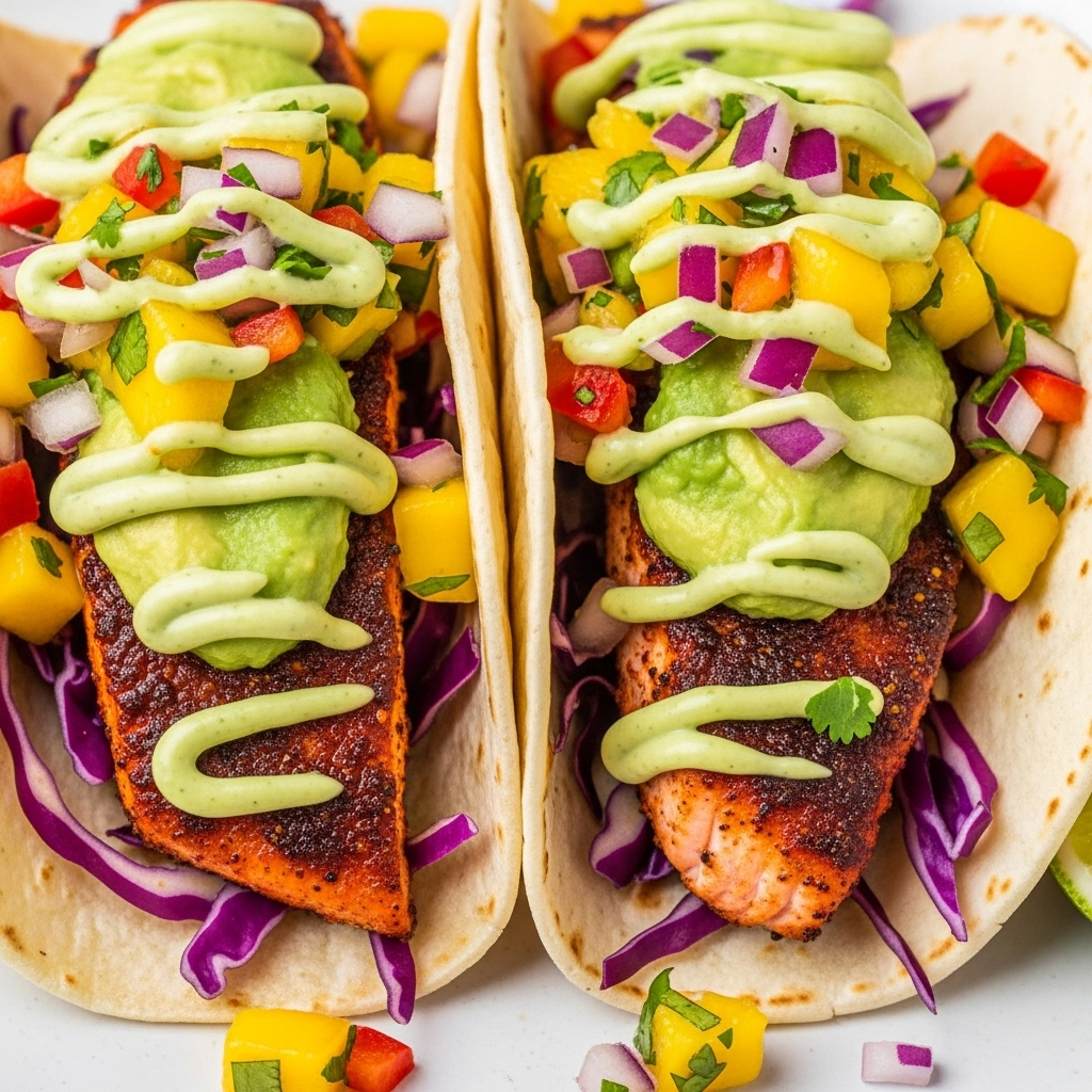 Tacos de salmão blackened com salsa de manga